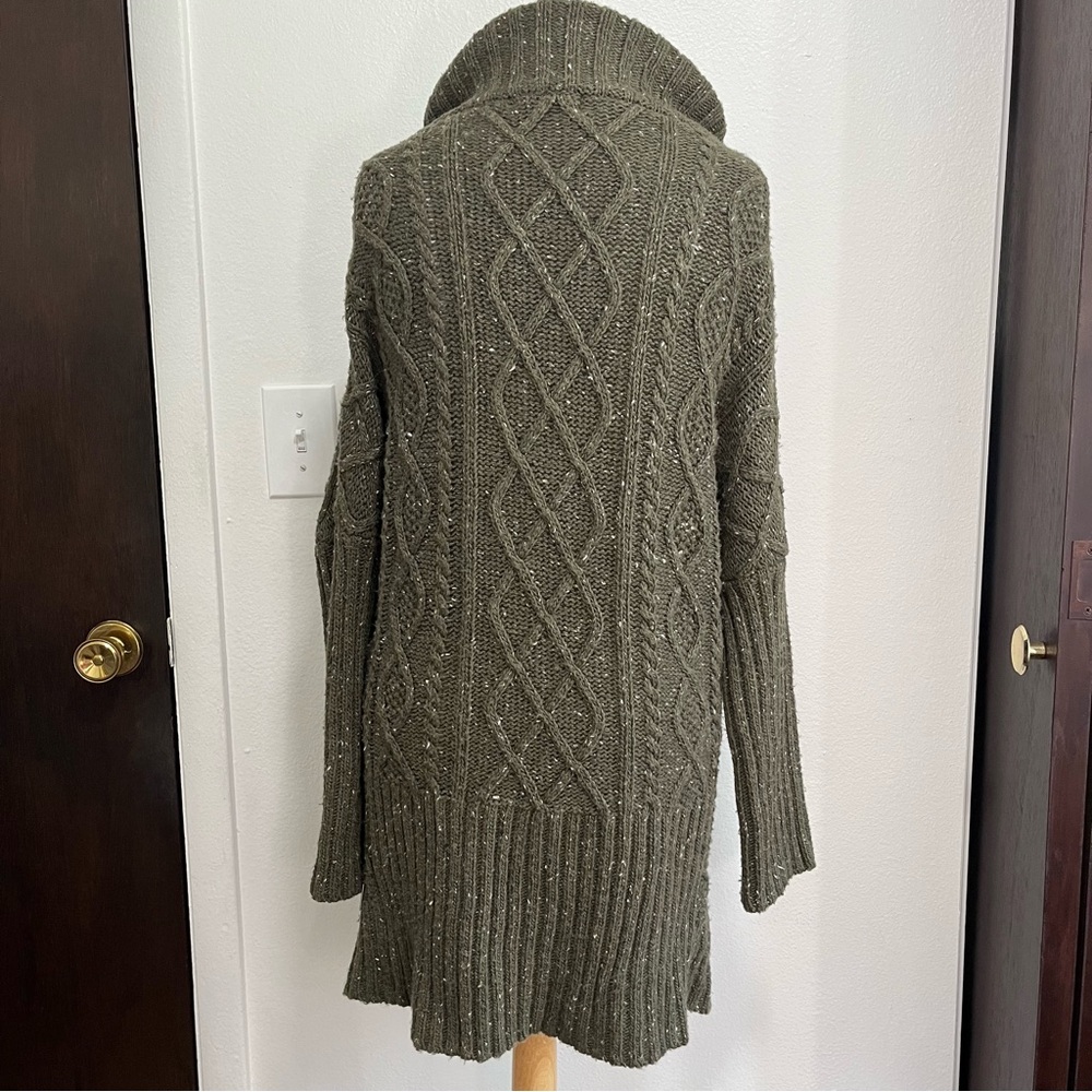 Prana Sweater Small Chunky Turtleneck Cable Knit Olive Green Cardigan Lagenlook - Picture 2 of 7